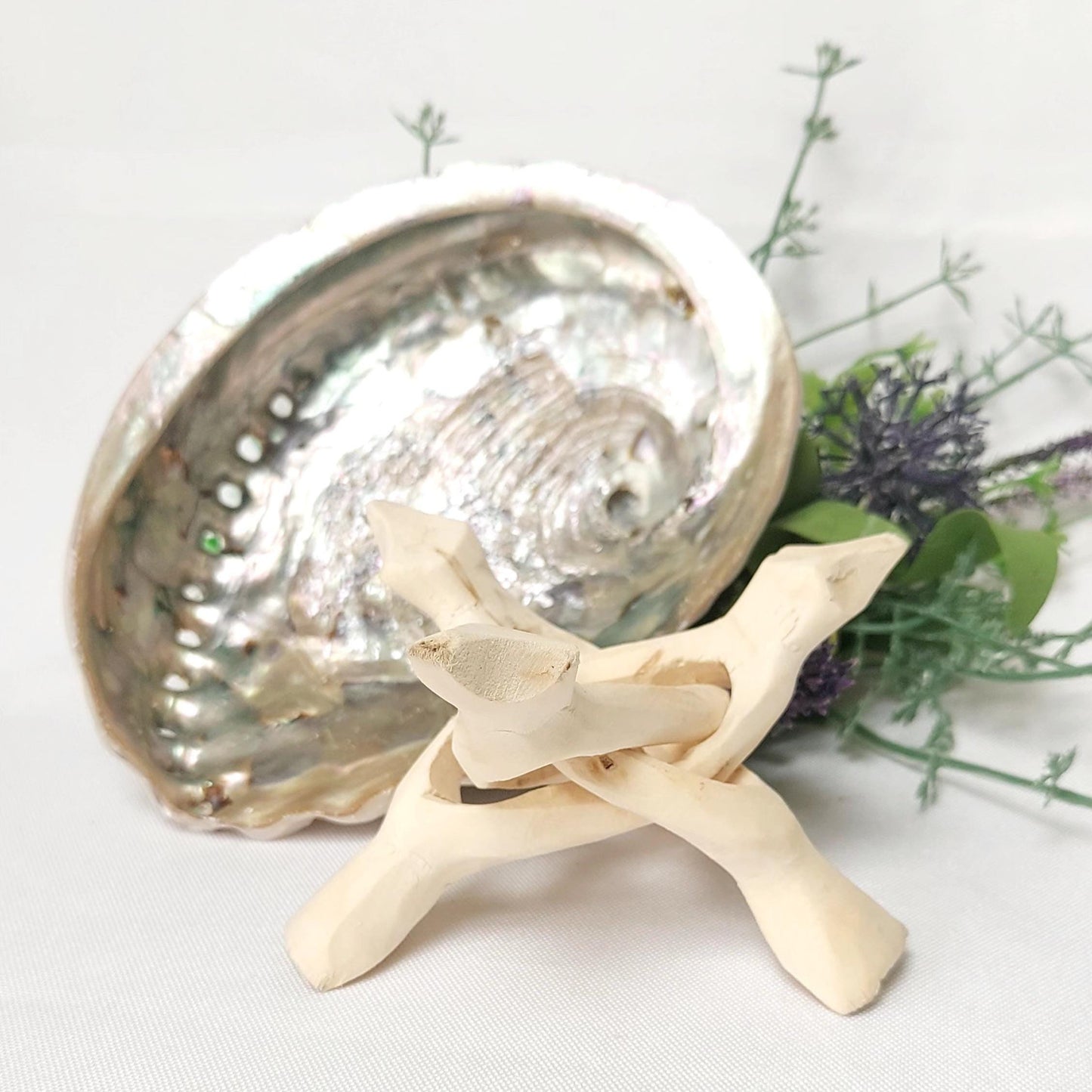 Abalone Shell & Wooden Tripod Stand Set, approx 12cm Smudge Bowl with Foldable Stand, Smudging Ritual Tool for Sage Incense Resin, UK Seller