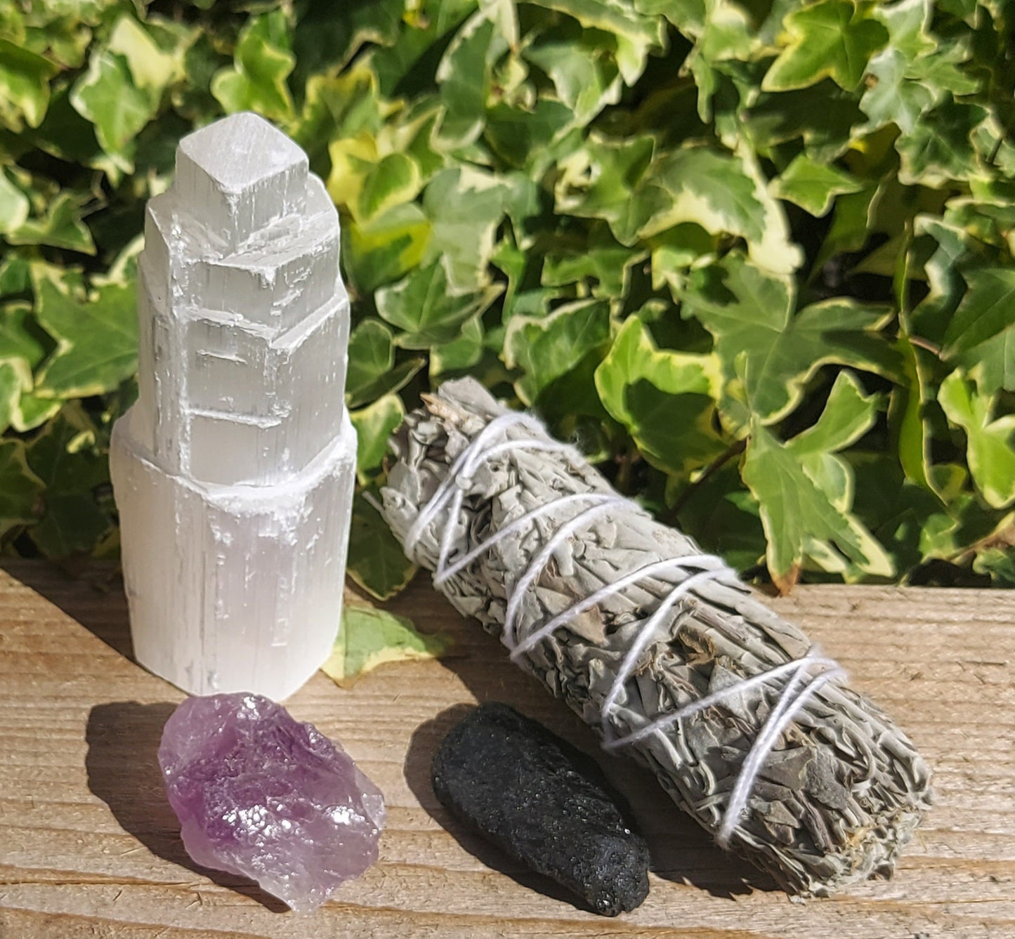 Home Protection Crystal Kit,Amethyst, Selenite, Black Tourmaline & White Sage Smudge, Crystal Protection Kit, Crystal Healing,Home Cleansing