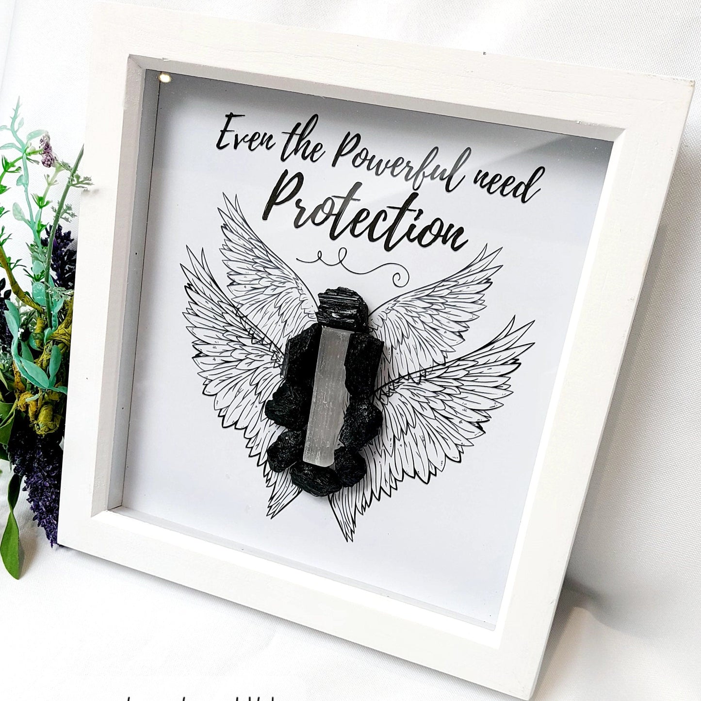 Handcrafted Black Tourmaline and Selenite Crystal Picture Frame for Protection and Serenity, Protection Home Decor, Mindfulness Gift.