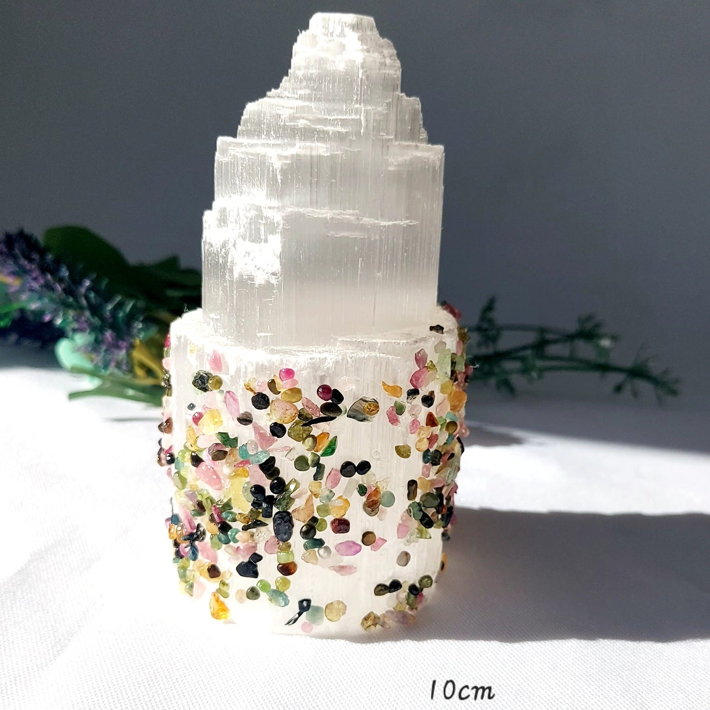 Hand Decorated Raw Selenite Tower with Mixed Tourmaline Chips, Energy Cleansing Crystal, 6cm or 10cm
