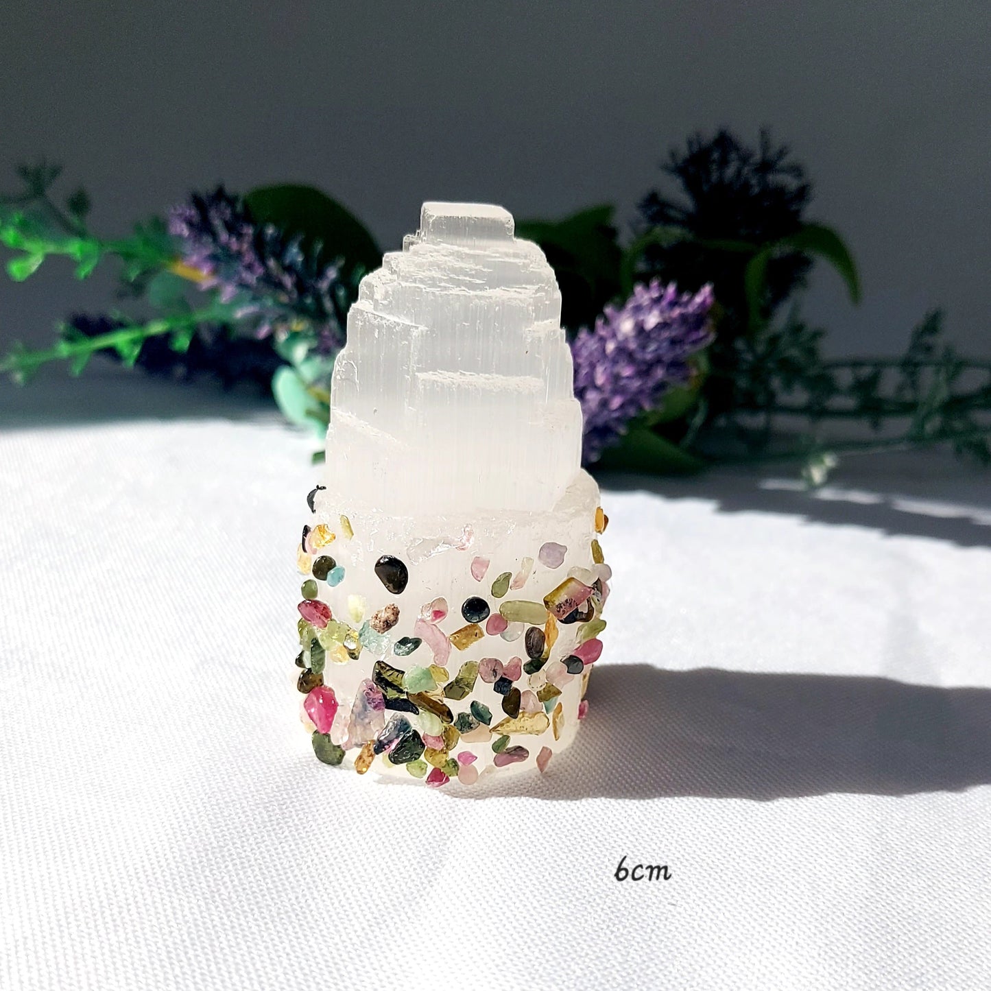 Hand Decorated Raw Selenite Tower with Mixed Tourmaline Chips, Energy Cleansing Crystal, 6cm or 10cm