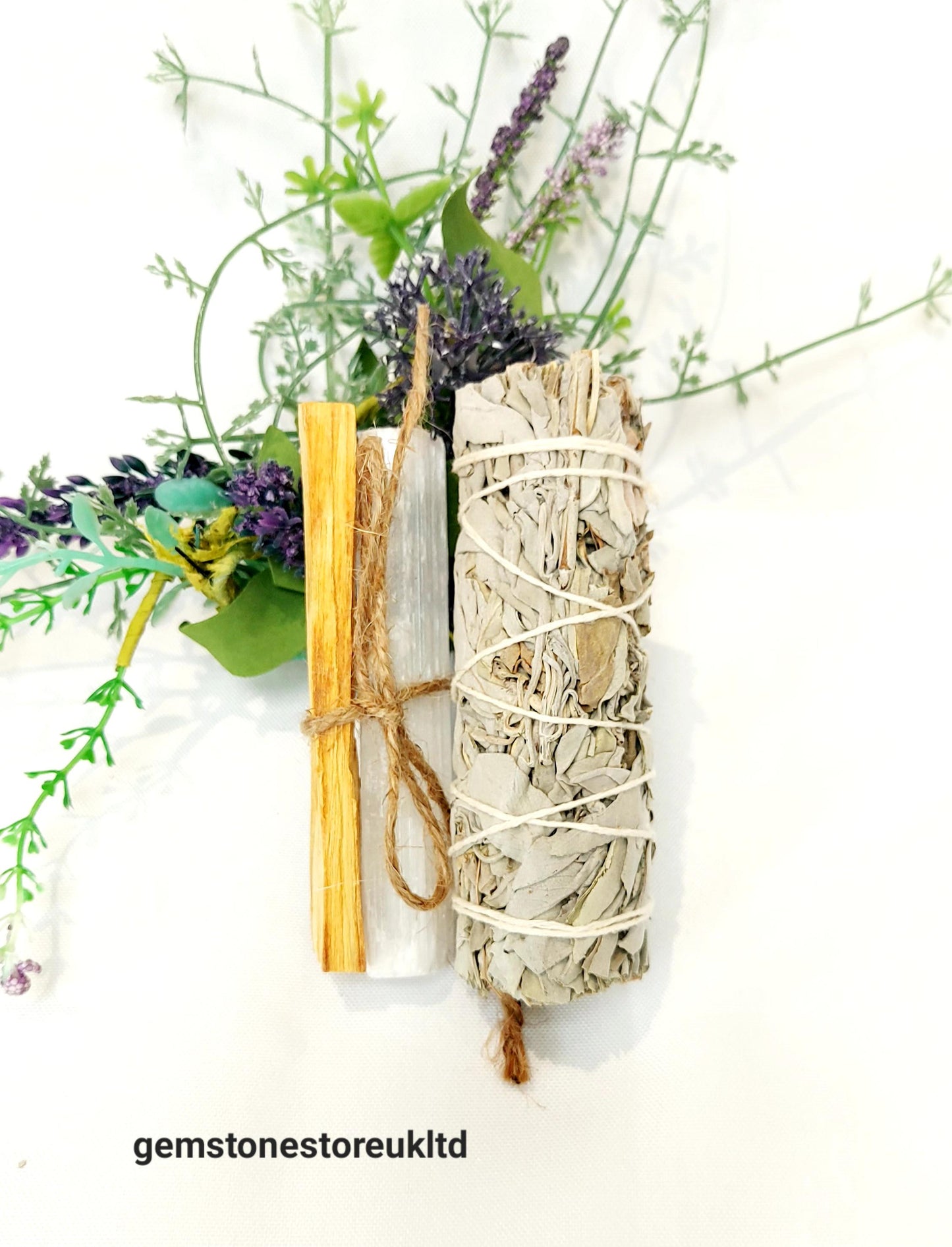 Cleansing Energy Trio, White Sage, Palo Santo, Selenite, Sage, Santo, Selenite Set, Manifest Positivity, Healing Crystal Kit, UK Seller