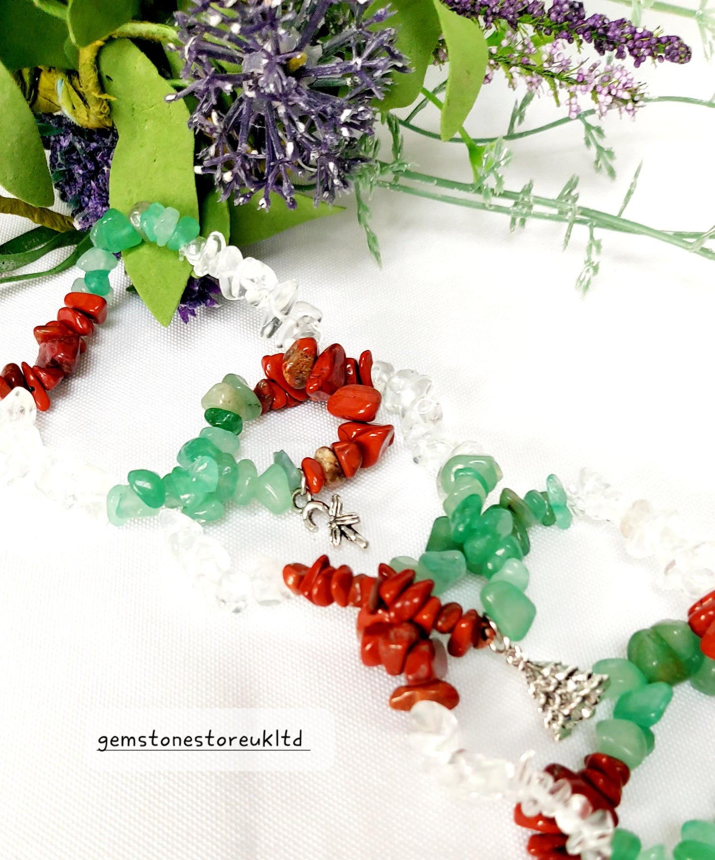 Festive Charm Bracelet with Red Jasper, Green Aventurine & Clear Quartz Crystal Chip Bracelet, Stocking Filler, Christmas Charm Bracelet.