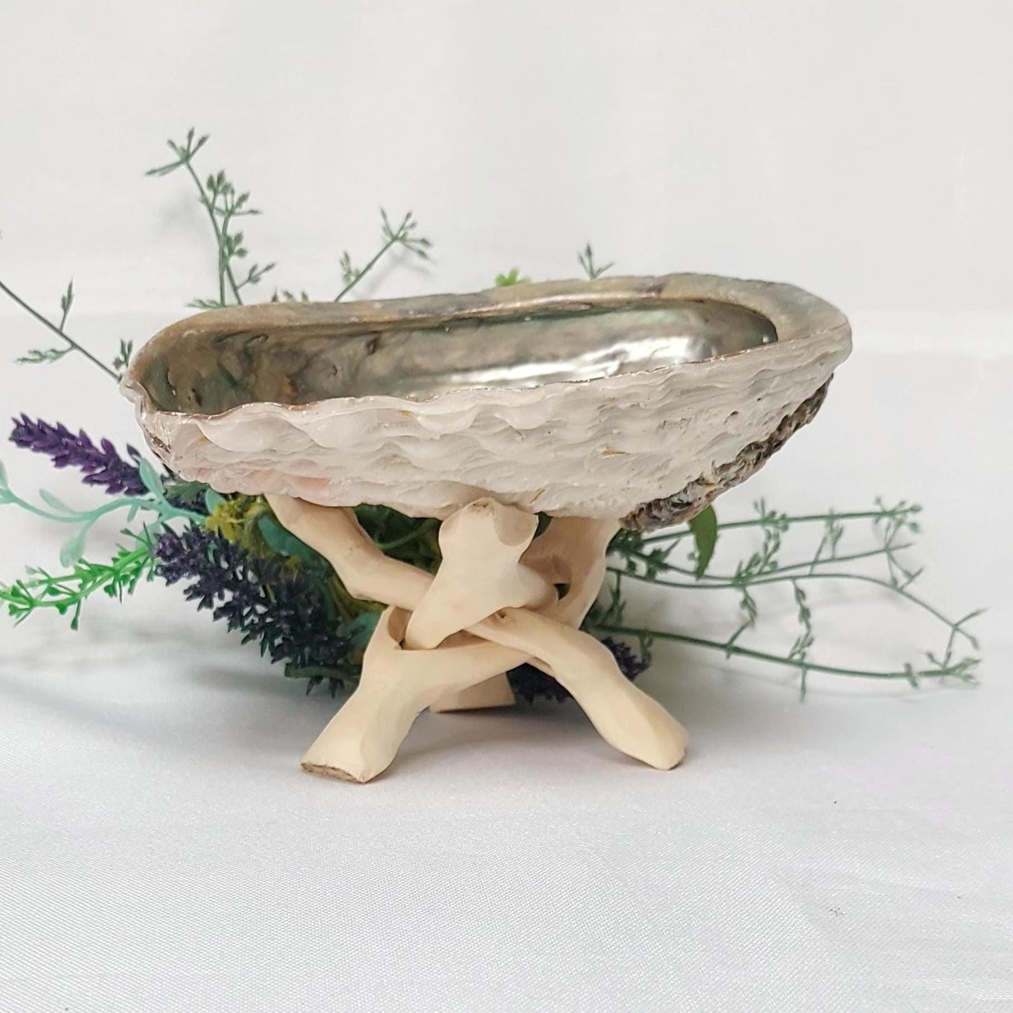 Abalone Shell & Wooden Tripod Stand Set, approx 12cm Smudge Bowl with Foldable Stand, Smudging Ritual Tool for Sage Incense Resin, UK Seller