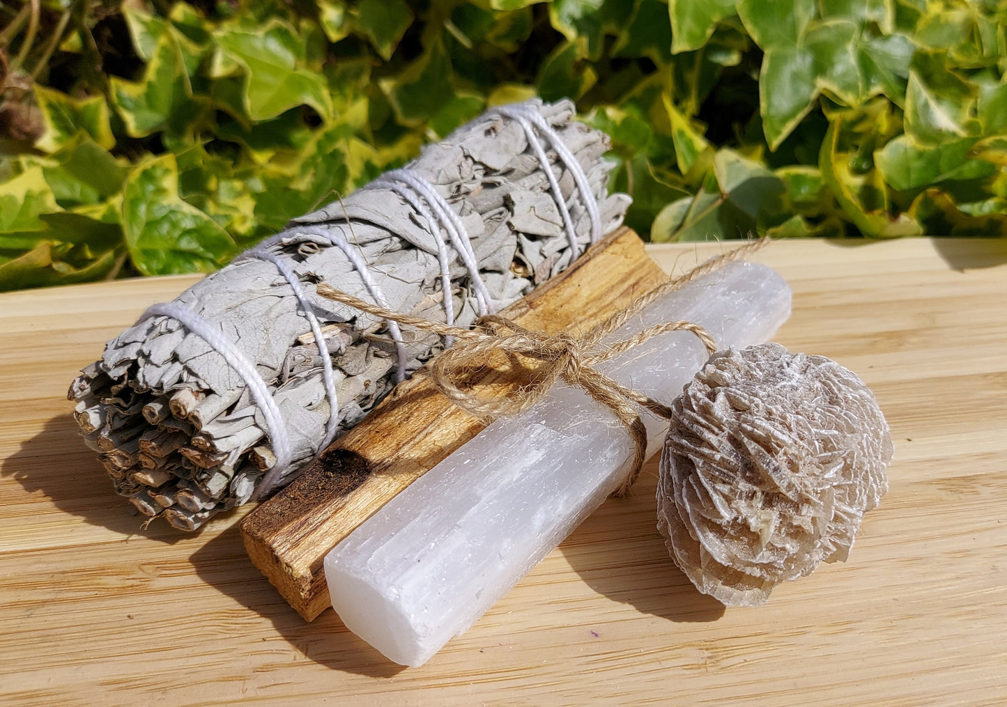 White Sage Smudge Kit: Palo Santo, Selenite, Desert Rose - Cleansing Bundle