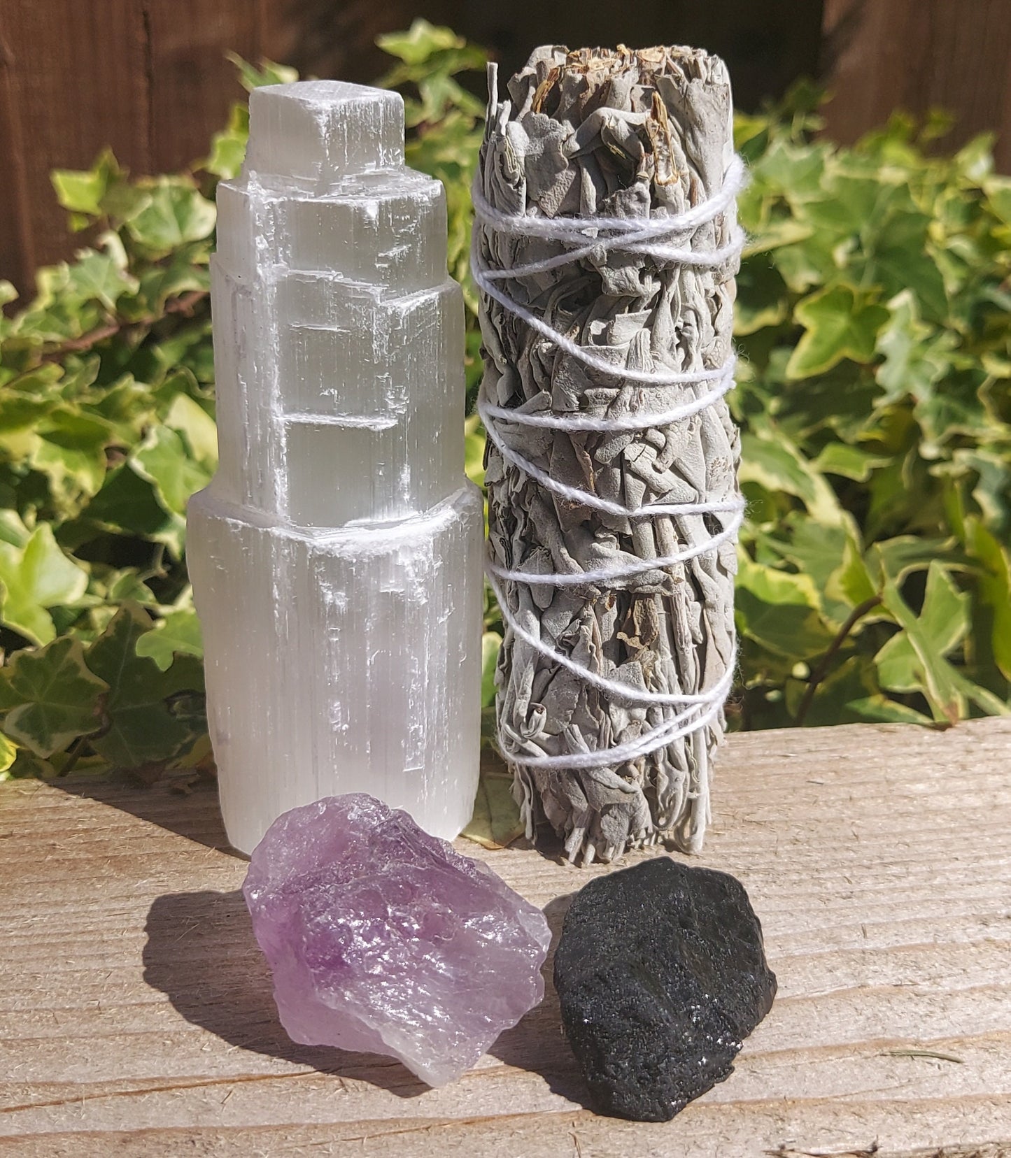 Home Protection Crystal Kit,Amethyst, Selenite, Black Tourmaline & White Sage Smudge, Crystal Protection Kit, Crystal Healing,Home Cleansing