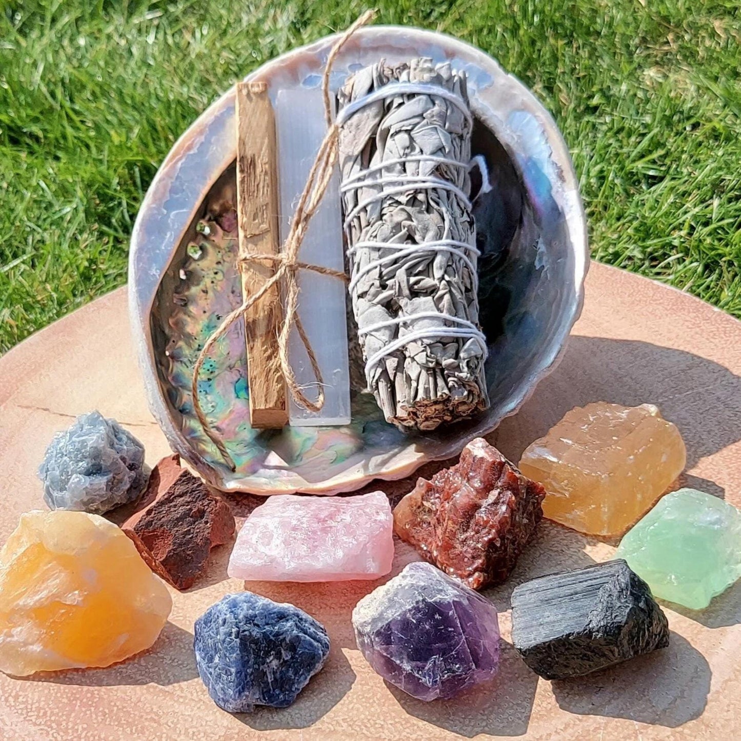 14 Piece Crystal & Sage Kit Rough Crystal Premium Quality Raw Crystals Sage Palo Santo, Selenite, Abalone Shell Pack Smudging ,Cleansing.
