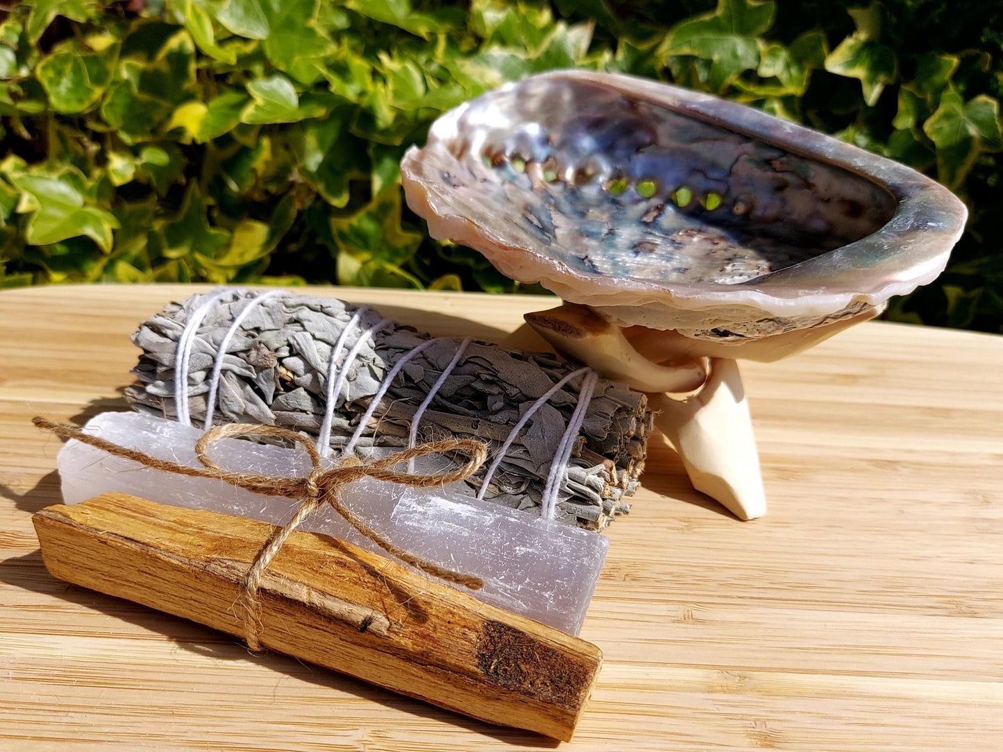 White Sage Smudge Kit, Abalone Shell, Wooden Tripod Stand, Palo Santo, Selenite, White Sage, House - Crystal Crystal Cleansing Gift.