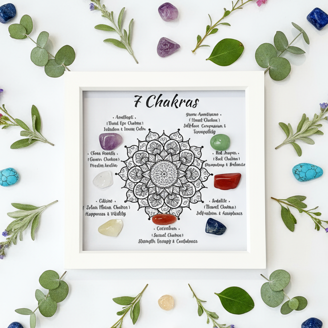 7 Chakra frame flat lay with rainbow crystal pattern