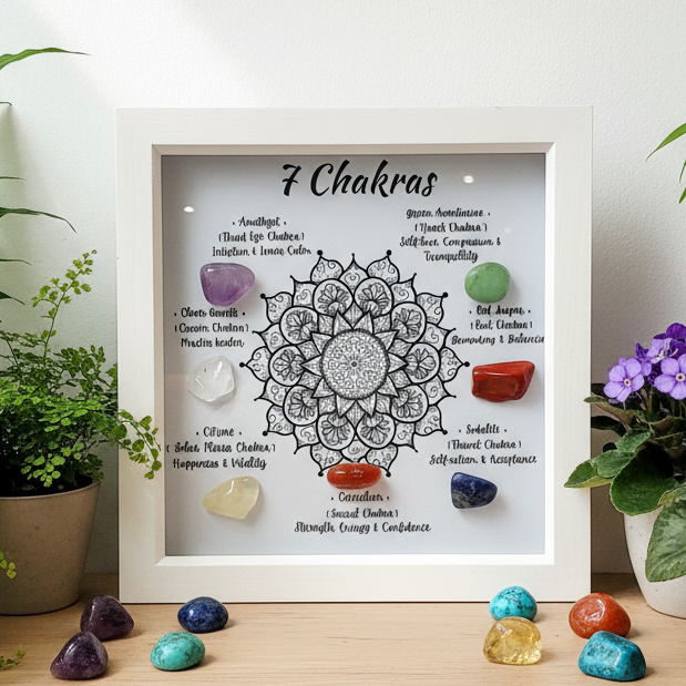 7 Chakra frame on shelf with plants and chakra crystals