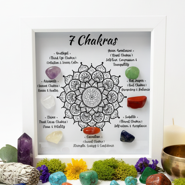 7 Chakra frame with botanical crystal arrangement