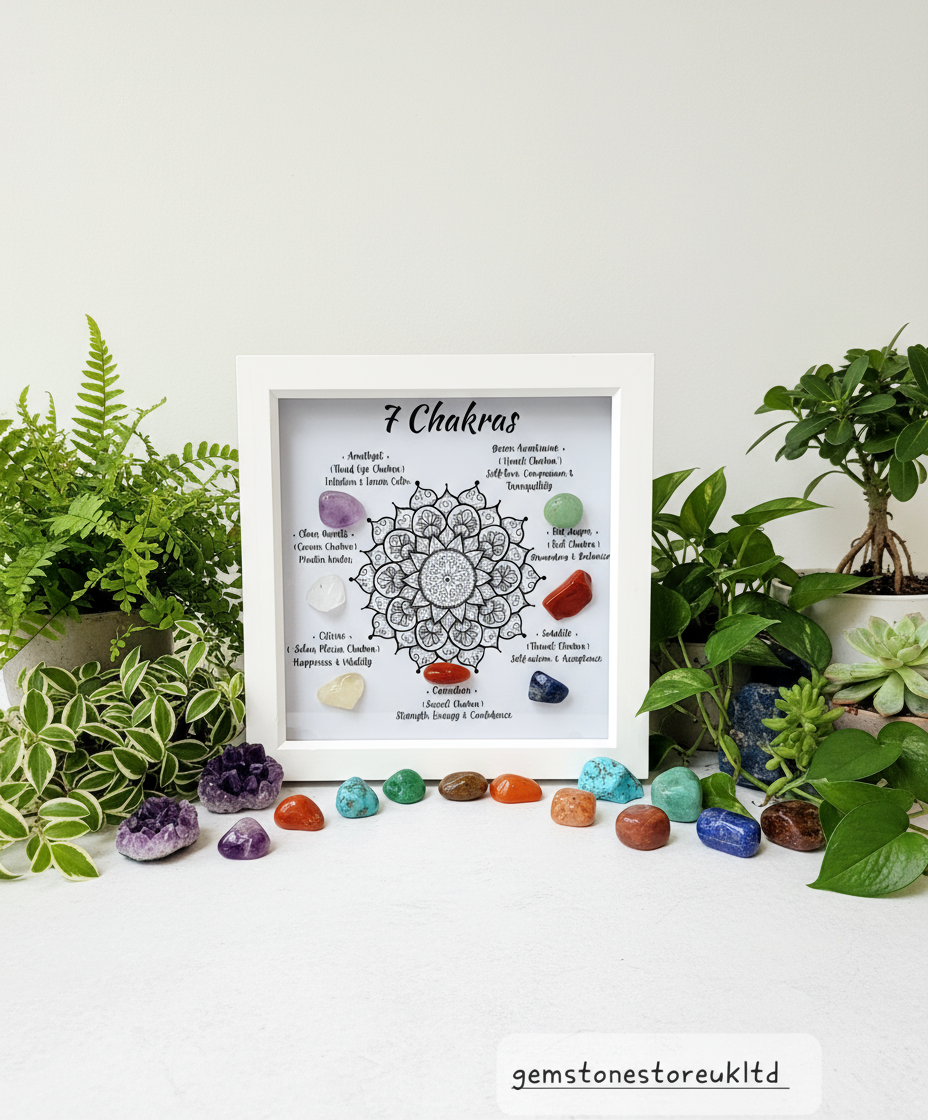 7 Chakra frame with plants and rainbow crystals