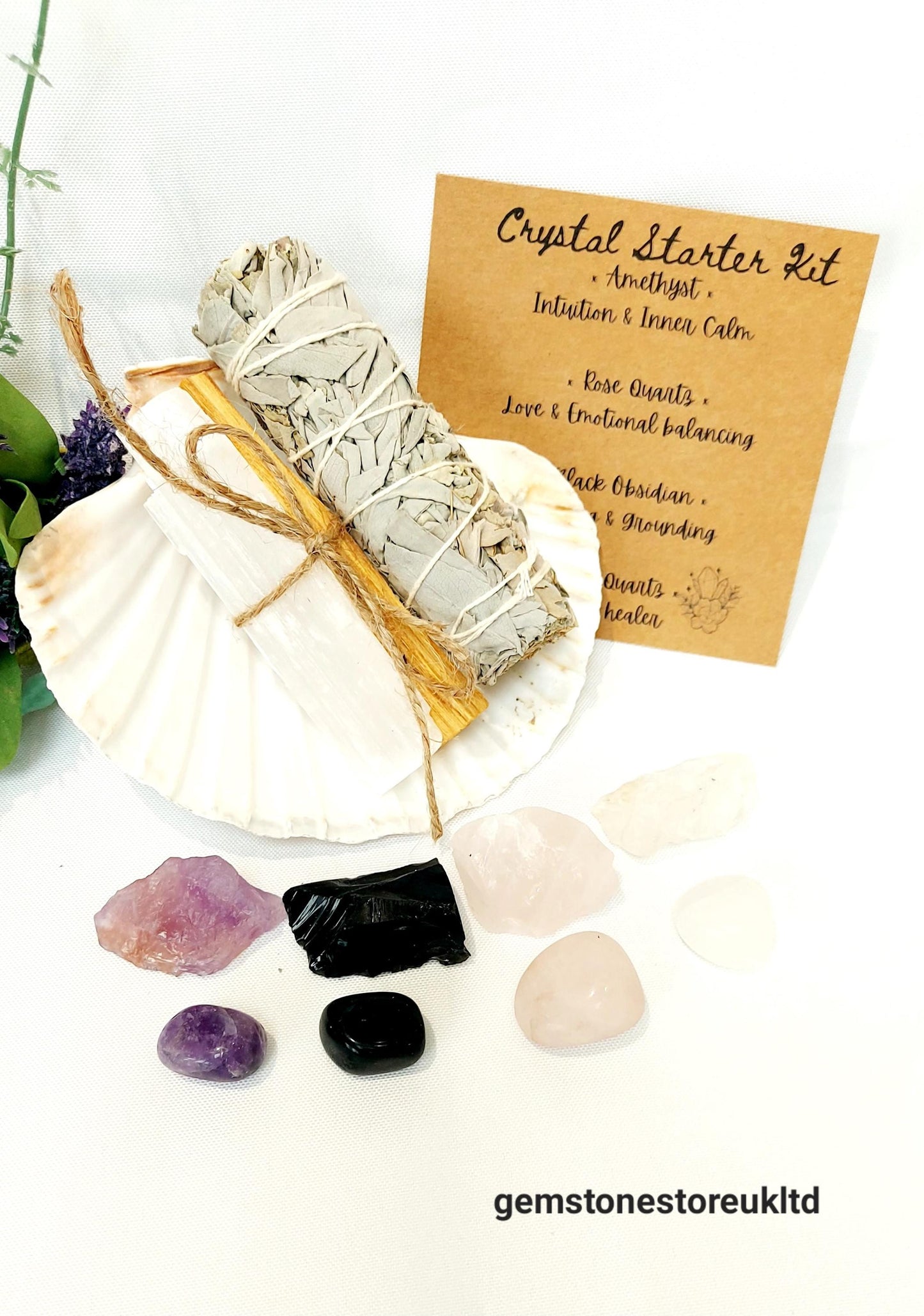 White Sage & Crystal Starter Kit, Scallop Shell, Palo Santo, Selenite Stick, Rose Quartz, Black Obsidian, Amethyst,Clear Quartz.