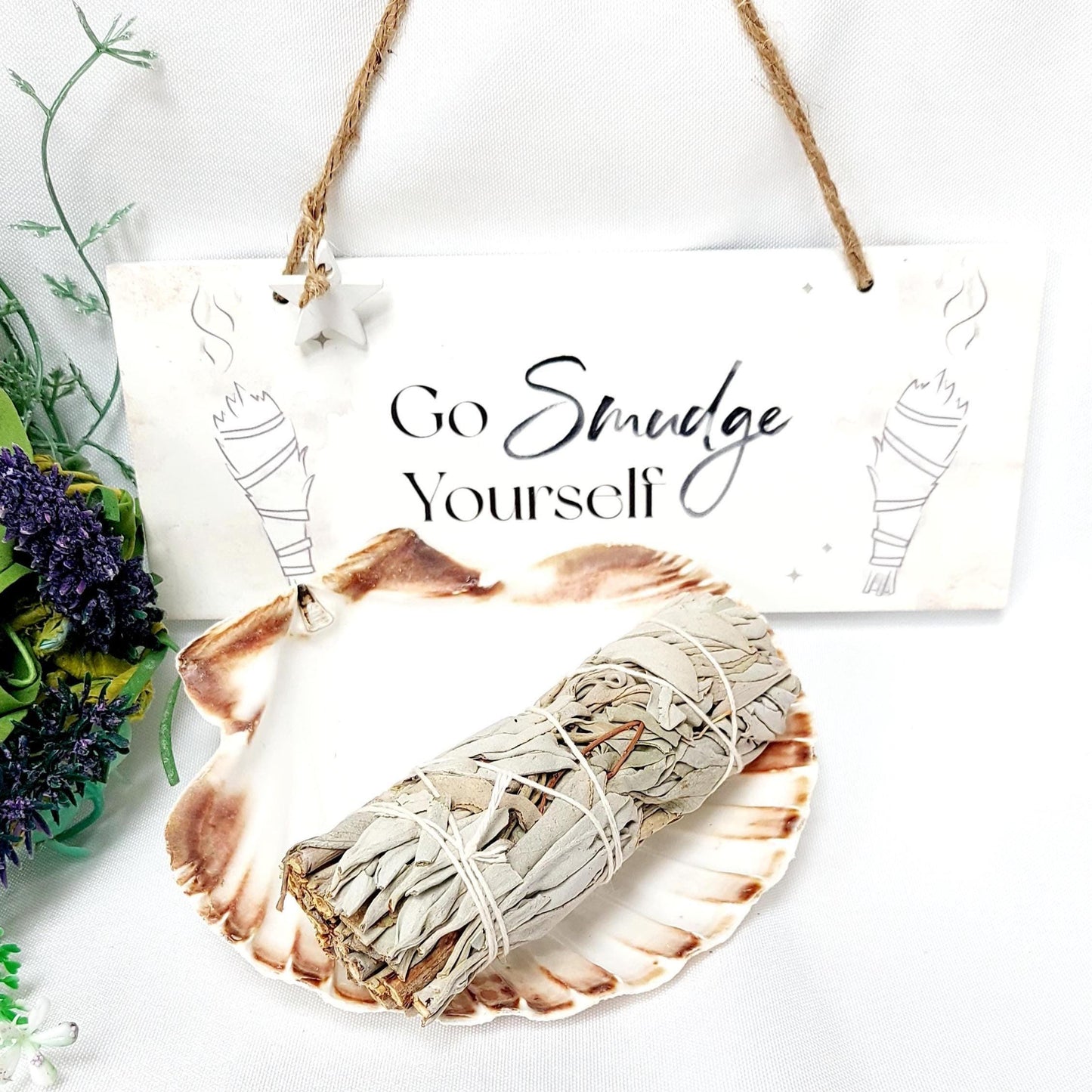 Go Smudge Yourself Wall Plaque Kit, Includes White Sage Smudge Stick & 14cm Scallop Shell. Choose Full Set or Individual Items, UK Seller