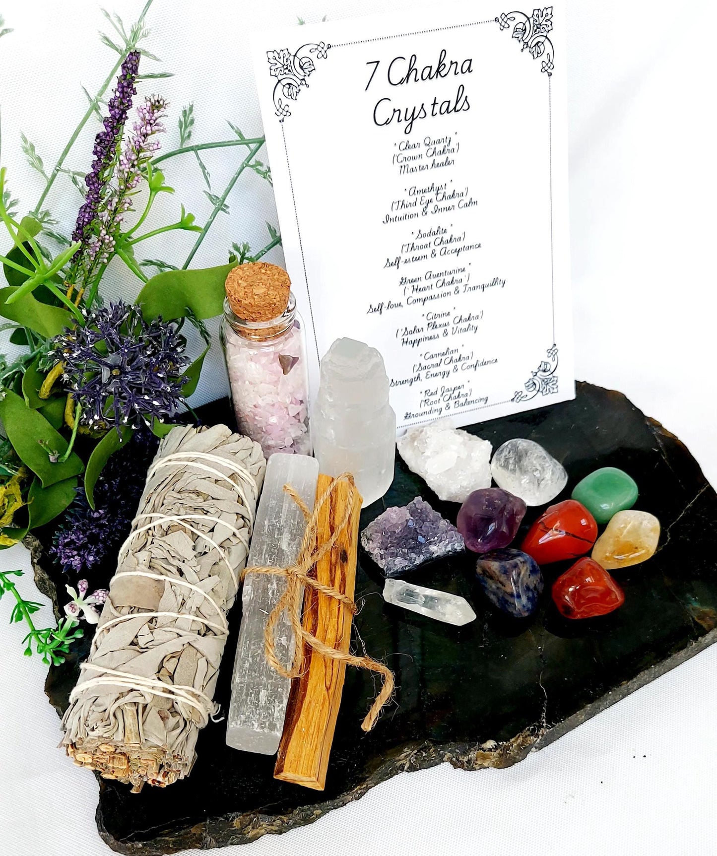 Chakra Beginners Healing Crystal Kit, Natural Rough & Tumbled Stones with White Sage, Palo Santo and Selenite for Beginners. UK Seller.