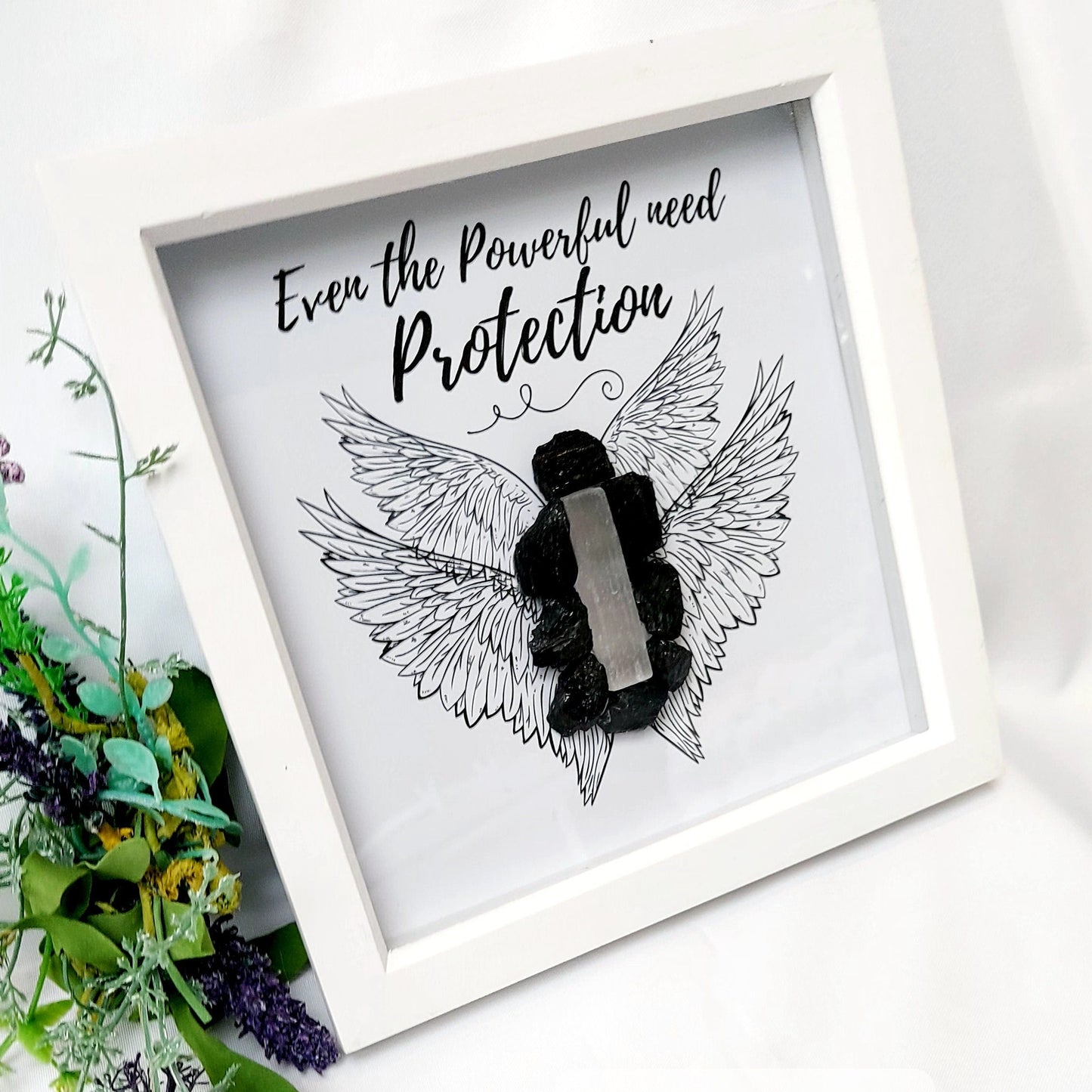 Handcrafted Black Tourmaline and Selenite Crystal Picture Frame for Protection and Serenity, Protection Home Decor, Mindfulness Gift.