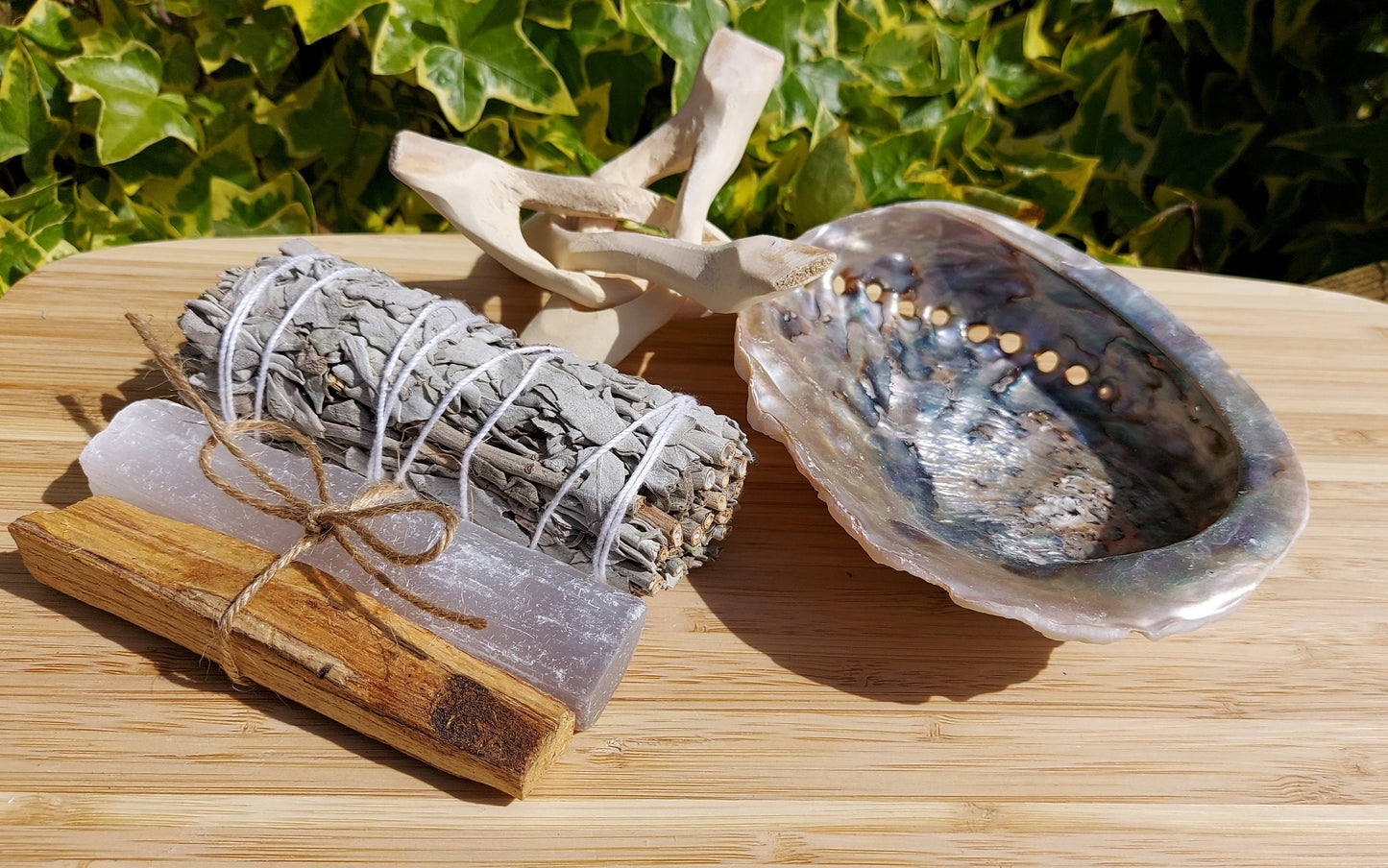 White Sage Smudge Kit, Abalone Shell, Wooden Tripod Stand, Palo Santo, Selenite, White Sage, House - Crystal Crystal Cleansing Gift.