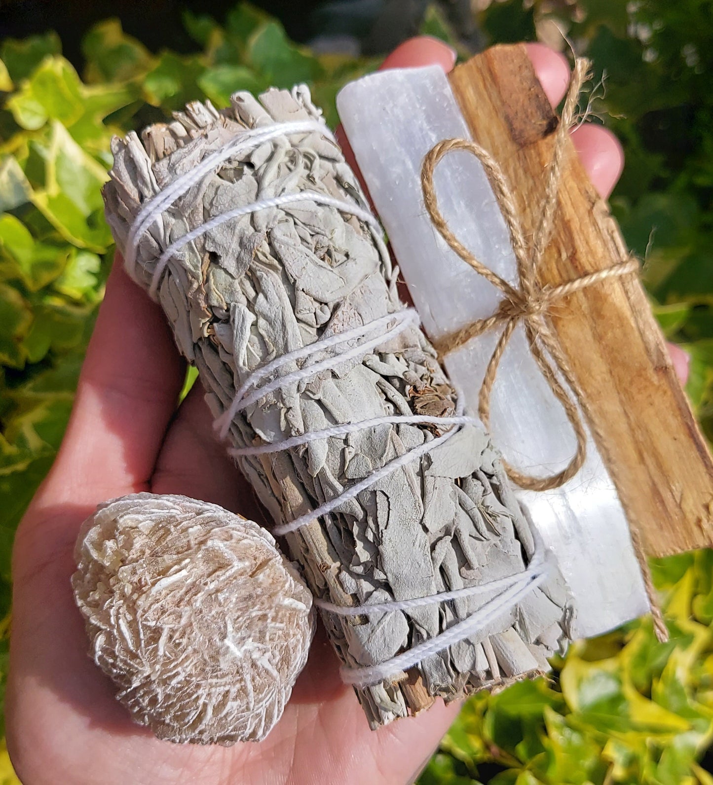 White Sage Smudge Kit: Palo Santo, Selenite, Desert Rose - Cleansing Bundle