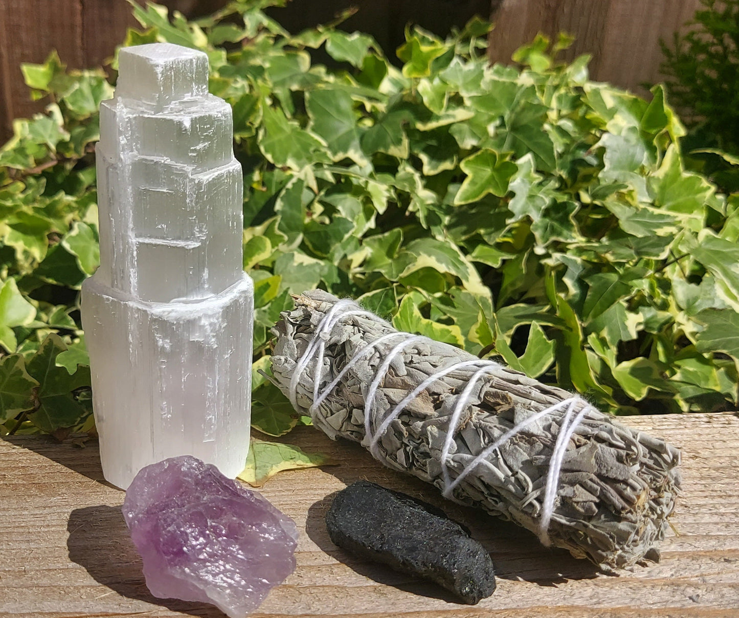 Home Protection Crystal Kit,Amethyst, Selenite, Black Tourmaline & White Sage Smudge, Crystal Protection Kit, Crystal Healing,Home Cleansing