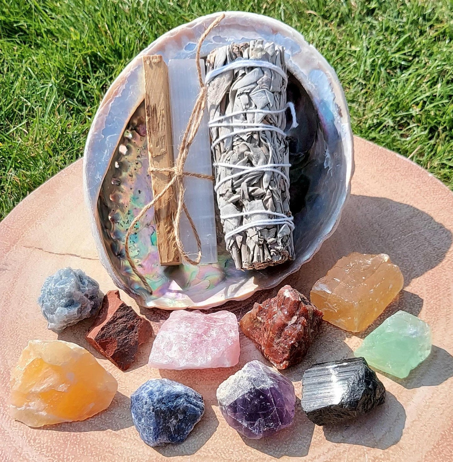 14 Piece Crystal & Sage Kit Rough Crystal Premium Quality Raw Crystals Sage Palo Santo, Selenite, Abalone Shell Pack Smudging ,Cleansing.