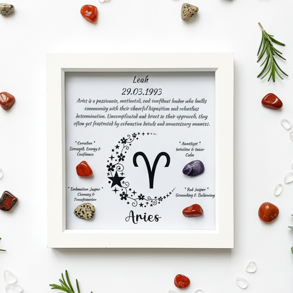 Aries frame flat lay with zodiac crystal pattern