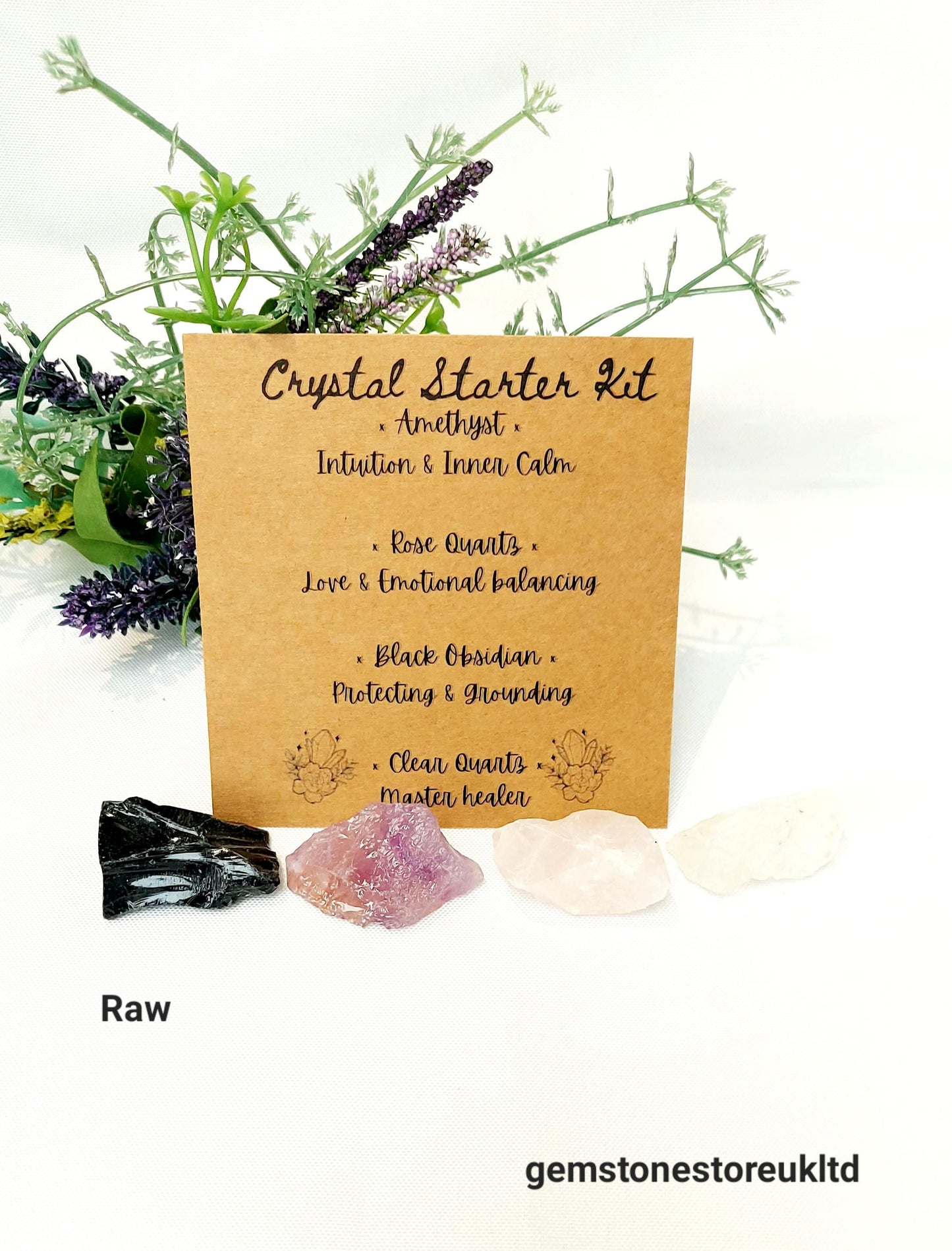White Sage & Crystal Starter Kit, Palo Santo, Selenite Stick, White Sage Stick, Rose Quartz, Black Obsidian, Amethyst,Clear Quartz.
