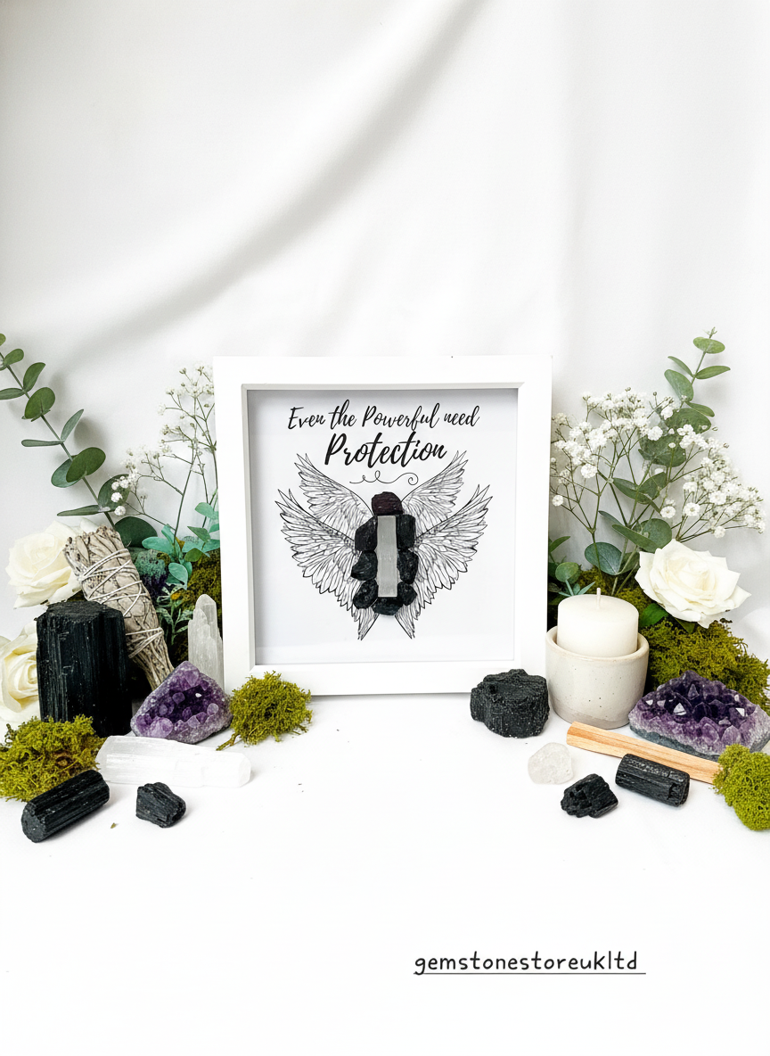 Black Tourmaline and Selenite frame with botanical crystal arrangement