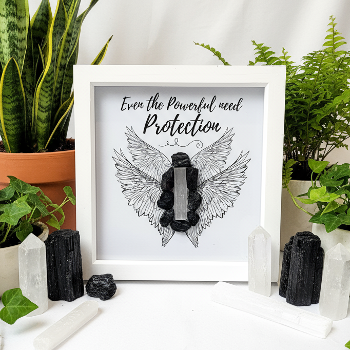 Black Tourmaline and Selenite frame with plants and crystals