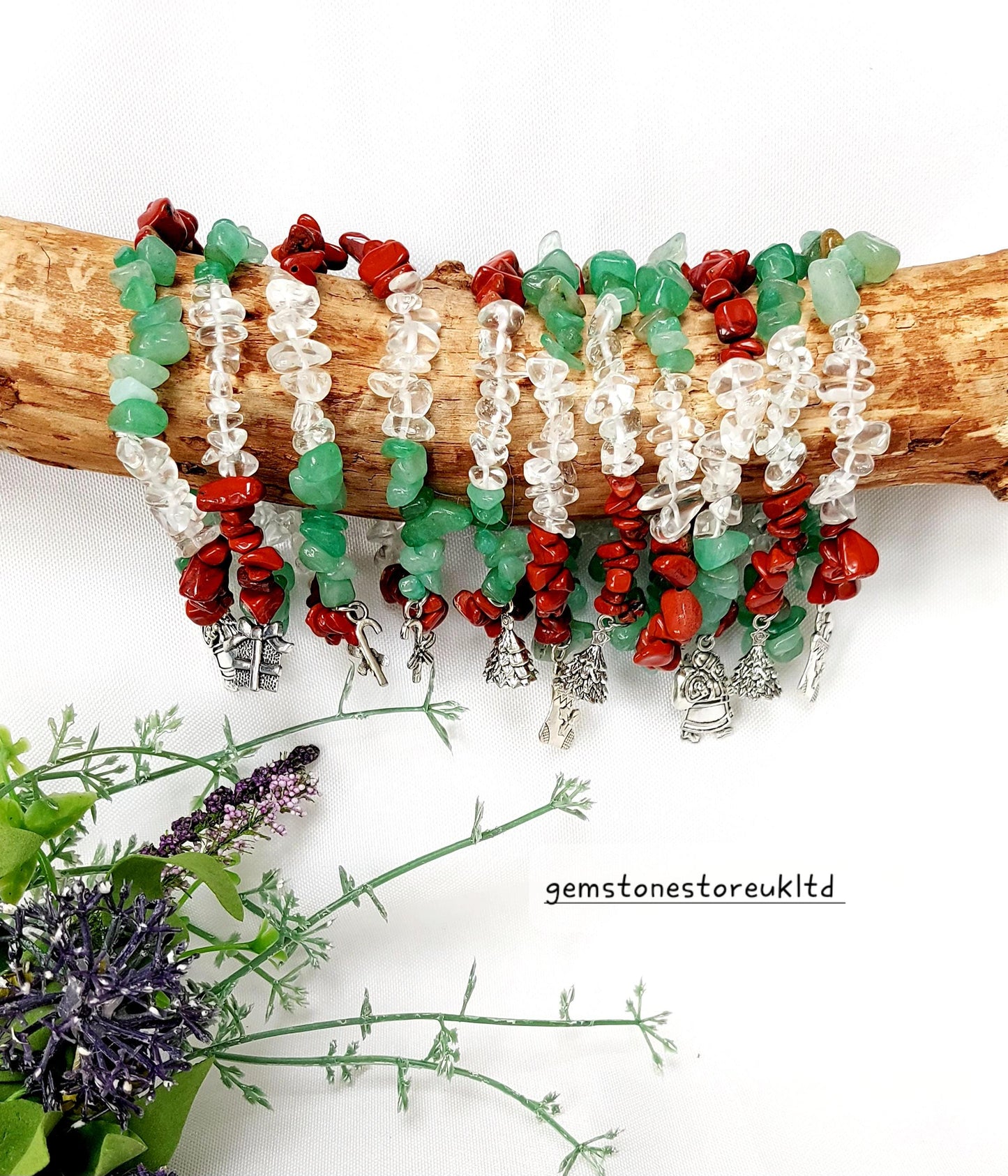 Festive Charm Bracelet with Red Jasper, Green Aventurine & Clear Quartz Crystal Chip Bracelet, Stocking Filler, Christmas Charm Bracelet.