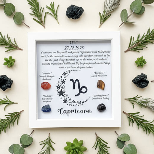 Capricorn frame with circular crystal and plant mandala