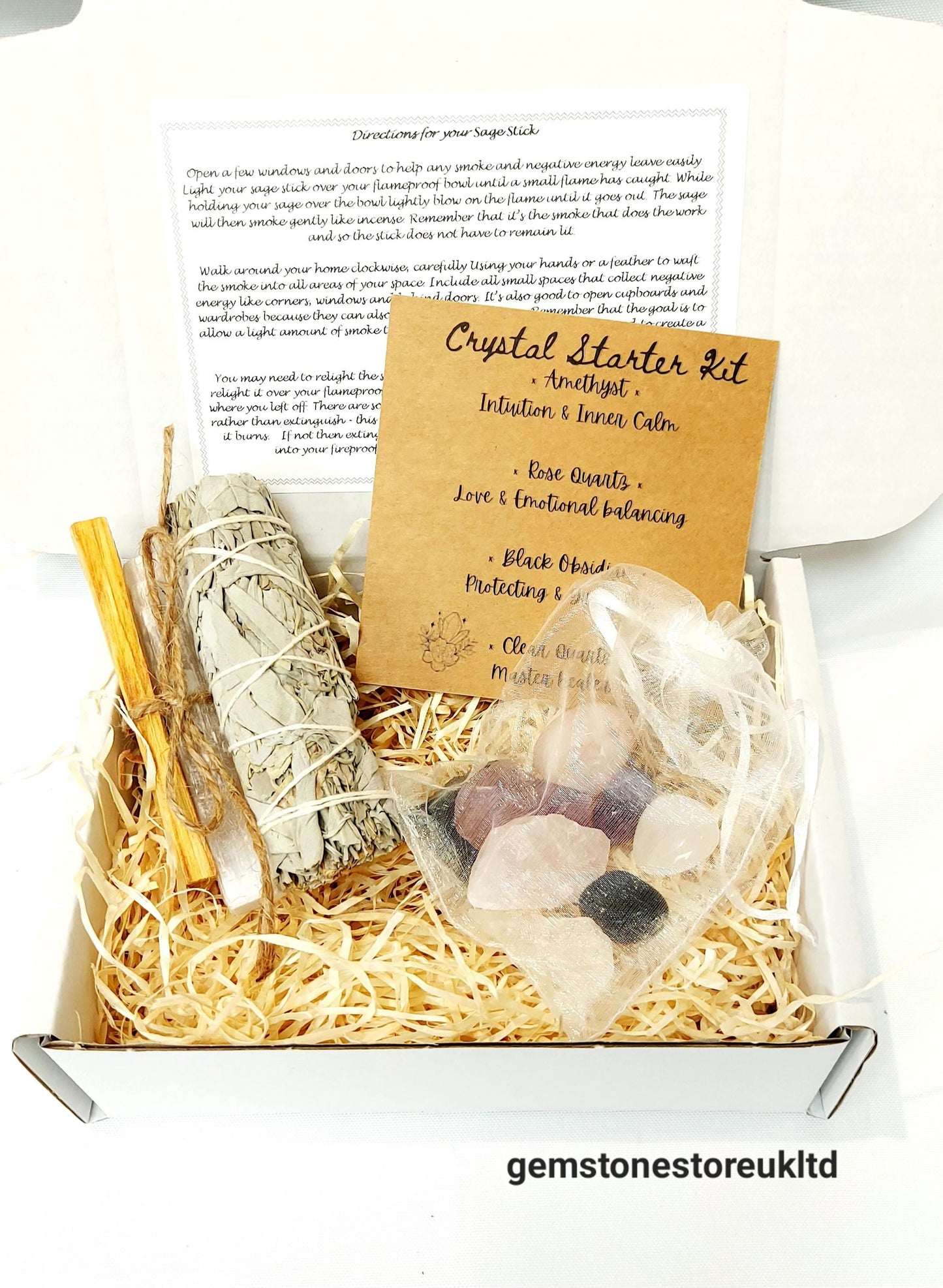 White Sage & Crystal Starter Kit, Palo Santo, Selenite Stick, White Sage Stick, Rose Quartz, Black Obsidian, Amethyst,Clear Quartz.