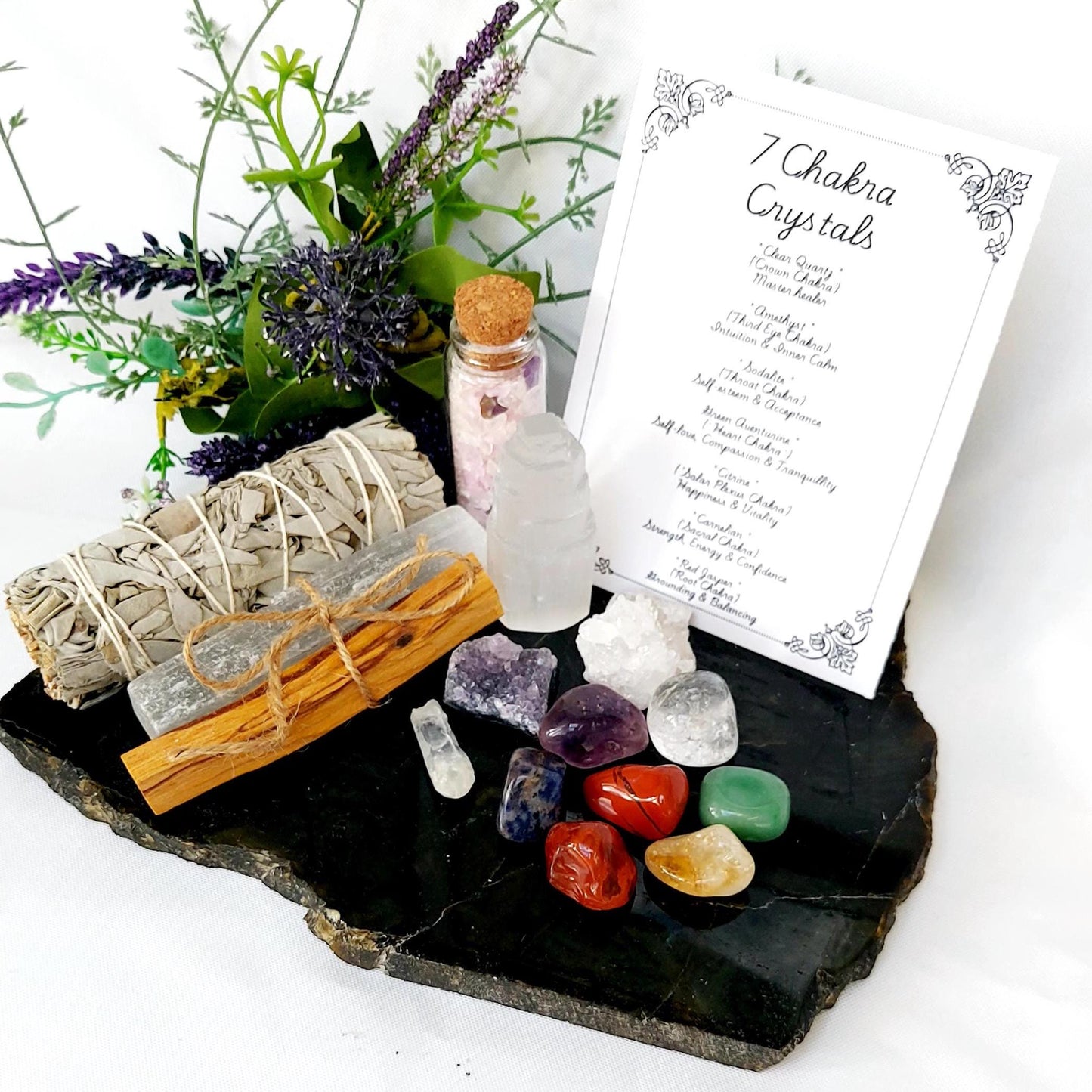 Chakra Beginners Healing Crystal Kit, Natural Rough & Tumbled Stones with White Sage, Palo Santo and Selenite for Beginners. UK Seller.