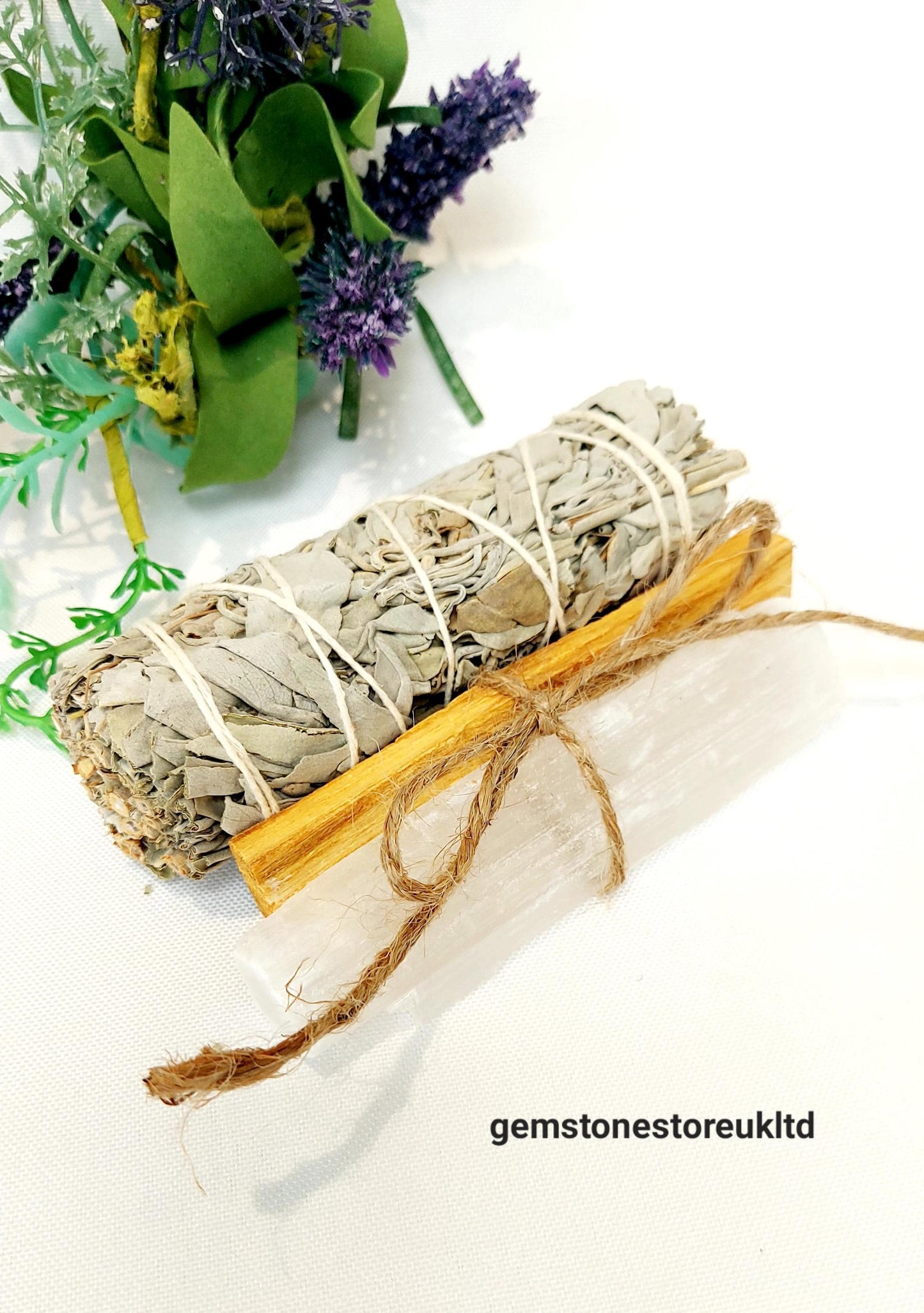 Cleansing Energy Trio, White Sage, Palo Santo, Selenite, Sage, Santo, Selenite Set, Manifest Positivity, Healing Crystal Kit, UK Seller