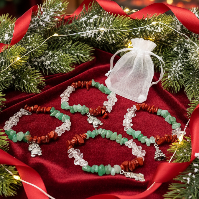 Festive Charm Bracelet with Red Jasper, Green Aventurine & Clear Quartz Crystal Chip Bracelet, Stocking Filler, Christmas Charm Bracelet.