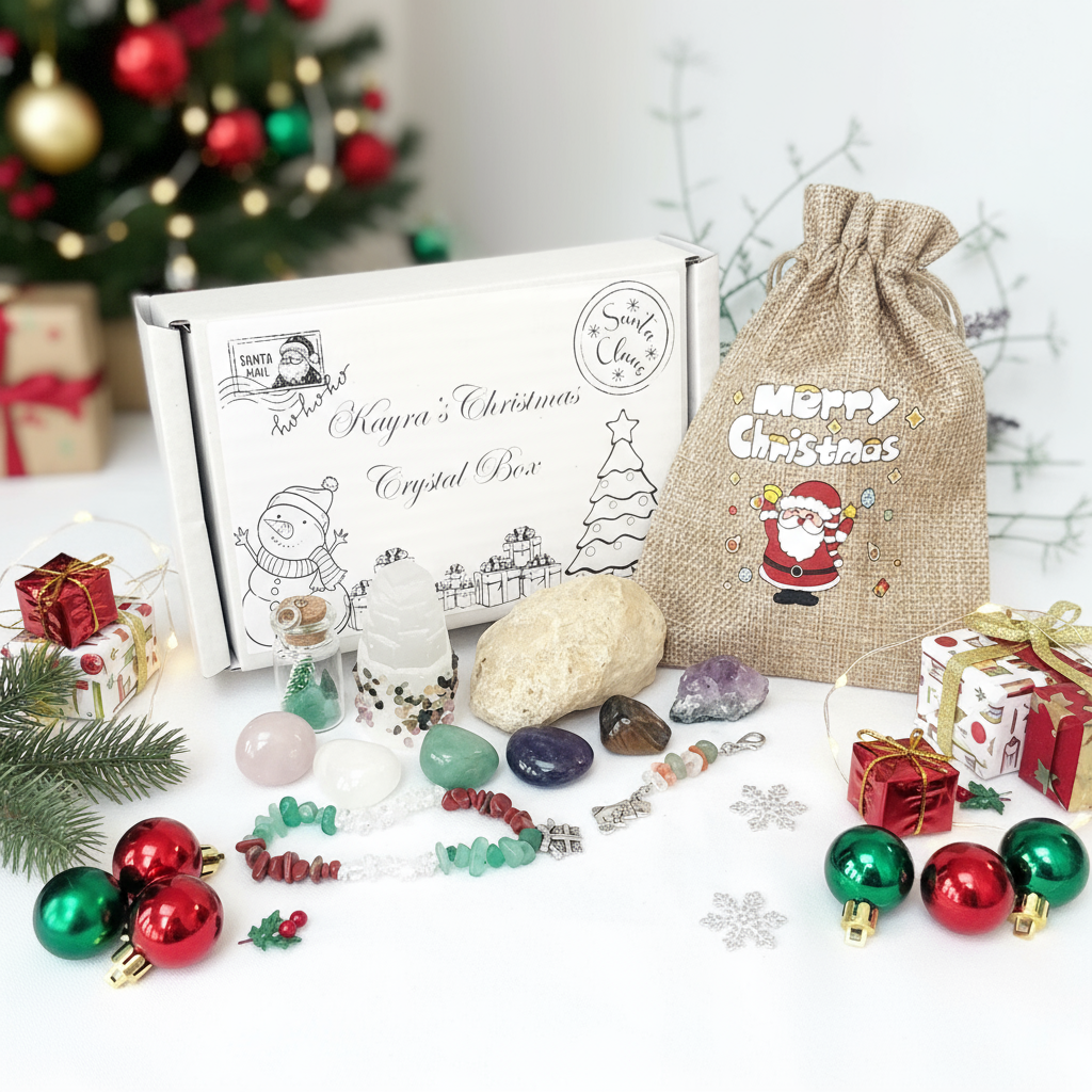 Personalised Kids Christmas Crystal Kit: Healing Crystals, Geode, Festive Charms