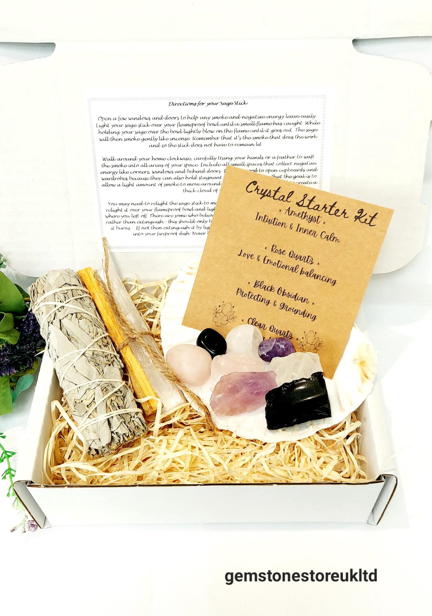 White Sage & Crystal Starter Kit, Scallop Shell, Palo Santo, Selenite Stick, Rose Quartz, Black Obsidian, Amethyst,Clear Quartz.