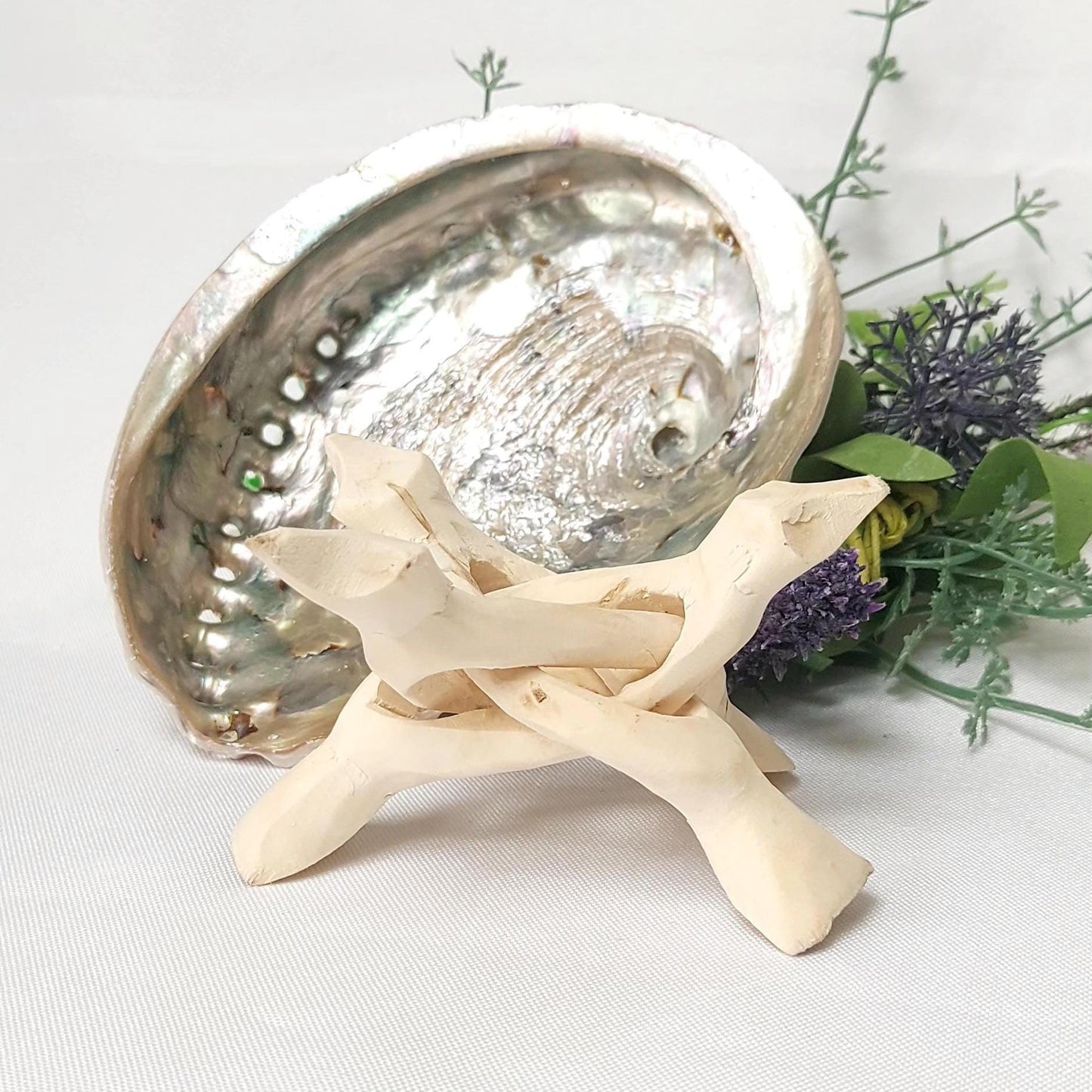 Abalone Shell & Wooden Tripod Stand Set, approx 12cm Smudge Bowl with Foldable Stand, Smudging Ritual Tool for Sage Incense Resin, UK Seller