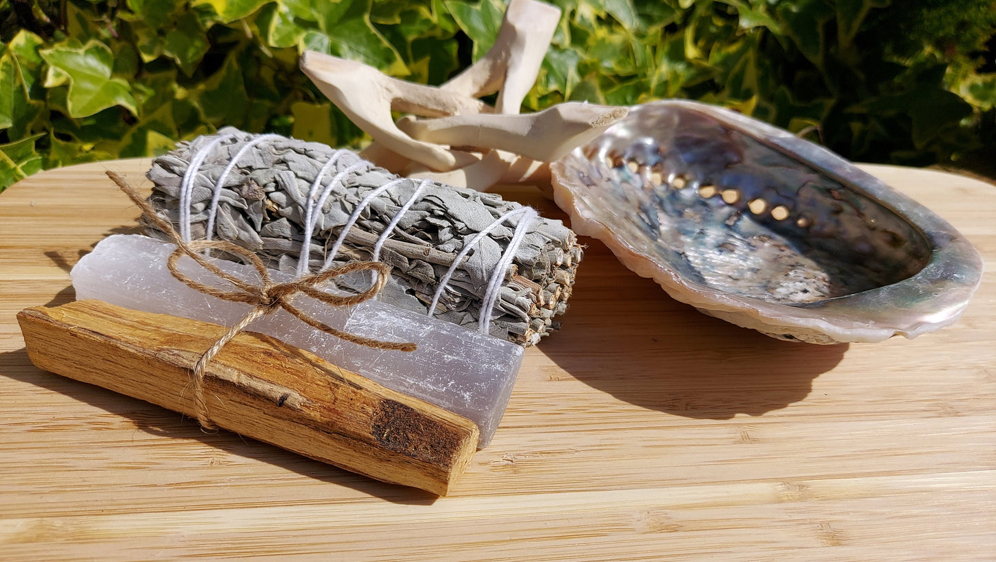 White Sage Smudge Kit, Abalone Shell, Wooden Tripod Stand, Palo Santo, Selenite, White Sage, House - Crystal Crystal Cleansing Gift.