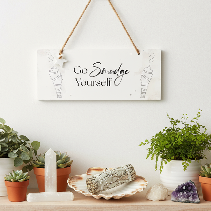 Go Smudge Yourself plaque on wall with shelf display