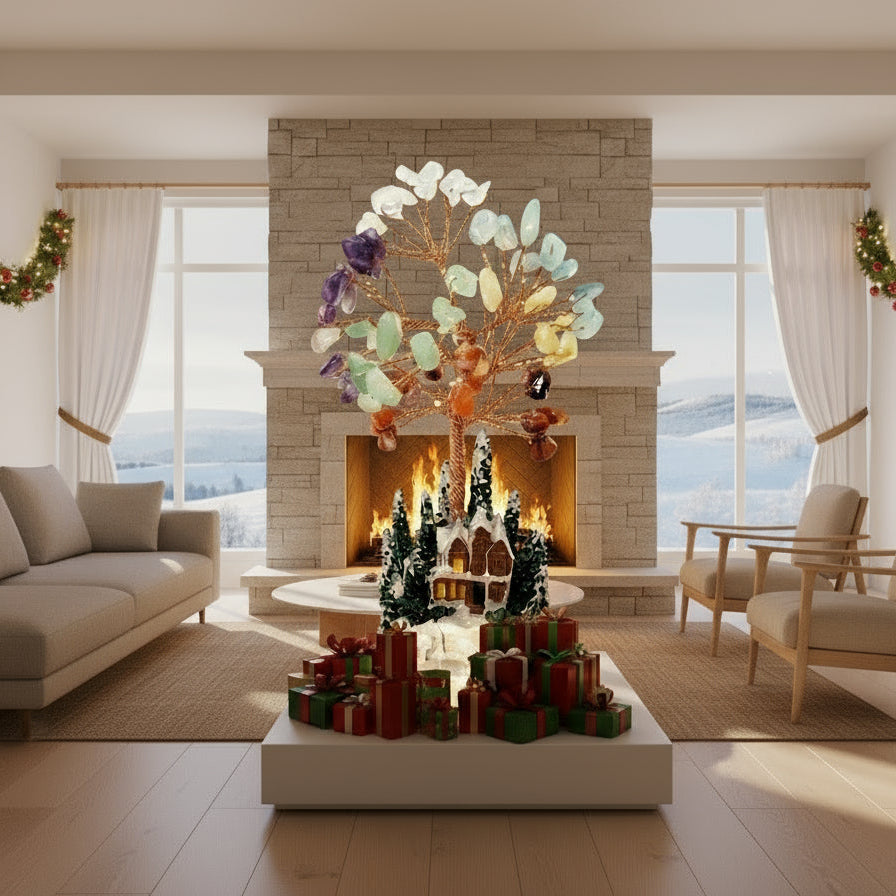 Light Up Christmas Resin House with Gemstone Chip Tree, Amethyst, Citrine, Aventurine, Quartz, Carnelian, Aquamarine, Festive Crystal Decor