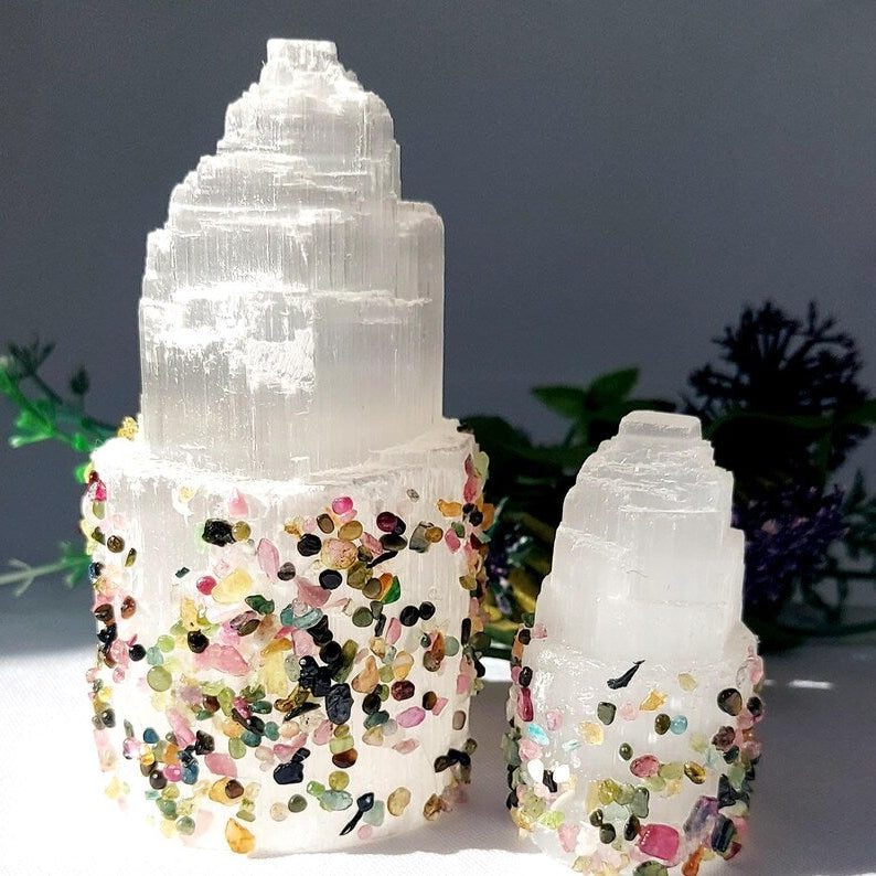 Hand Decorated Raw Selenite Tower with Mixed Tourmaline Chips, Energy Cleansing Crystal, 6cm or 10cm