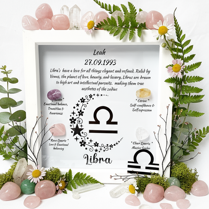 Libra frame with balanced botanical crystal arrangement