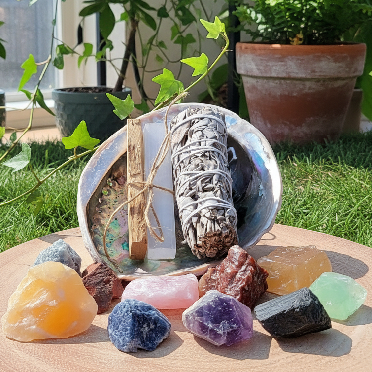 Meditation scene with crystals and greenery