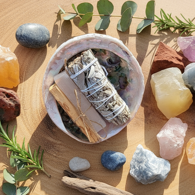 Overhead flat lay with crystals and botanicals