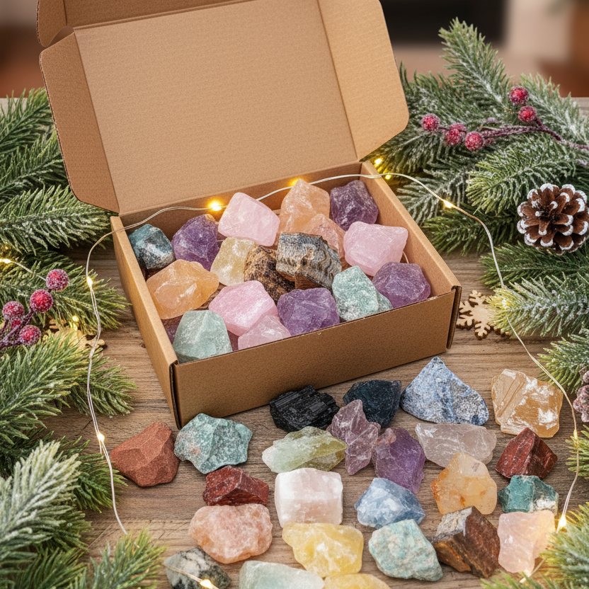 Raw Crystals with Cardboard Box