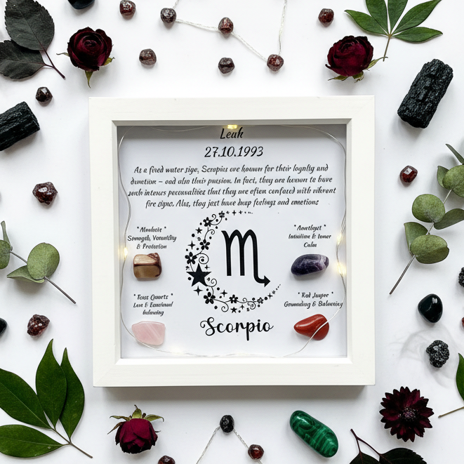 Scorpio frame flat lay with zodiac crystal pattern