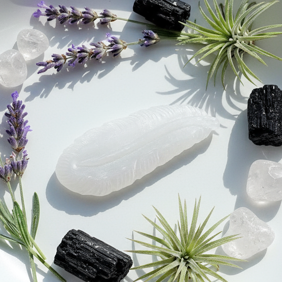 Selenite feather with lavender and air plants