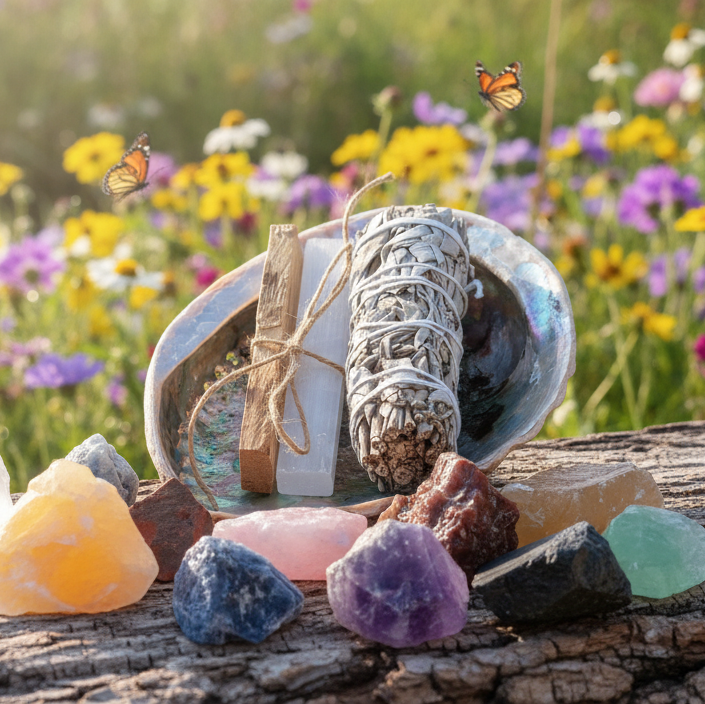Square crystals on driftwood with garden background