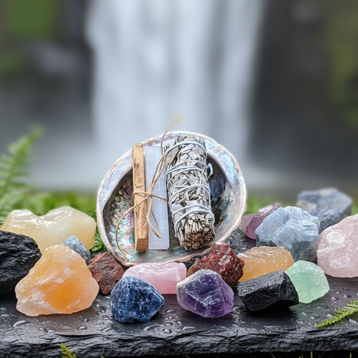 Square crystals on slate with waterfall background
