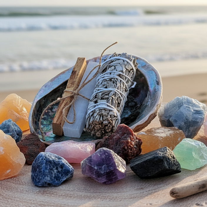 Square crystals on stone with beach background
